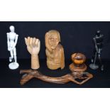 A collection of carved wooden figures and articulated objects 45cm (6)