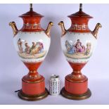 A LARGE PAIR OF 19TH CENTURY FRENCH TWIN HANDLED PARIS PORCELAIN VASES converted to lamps. 80 cm hig