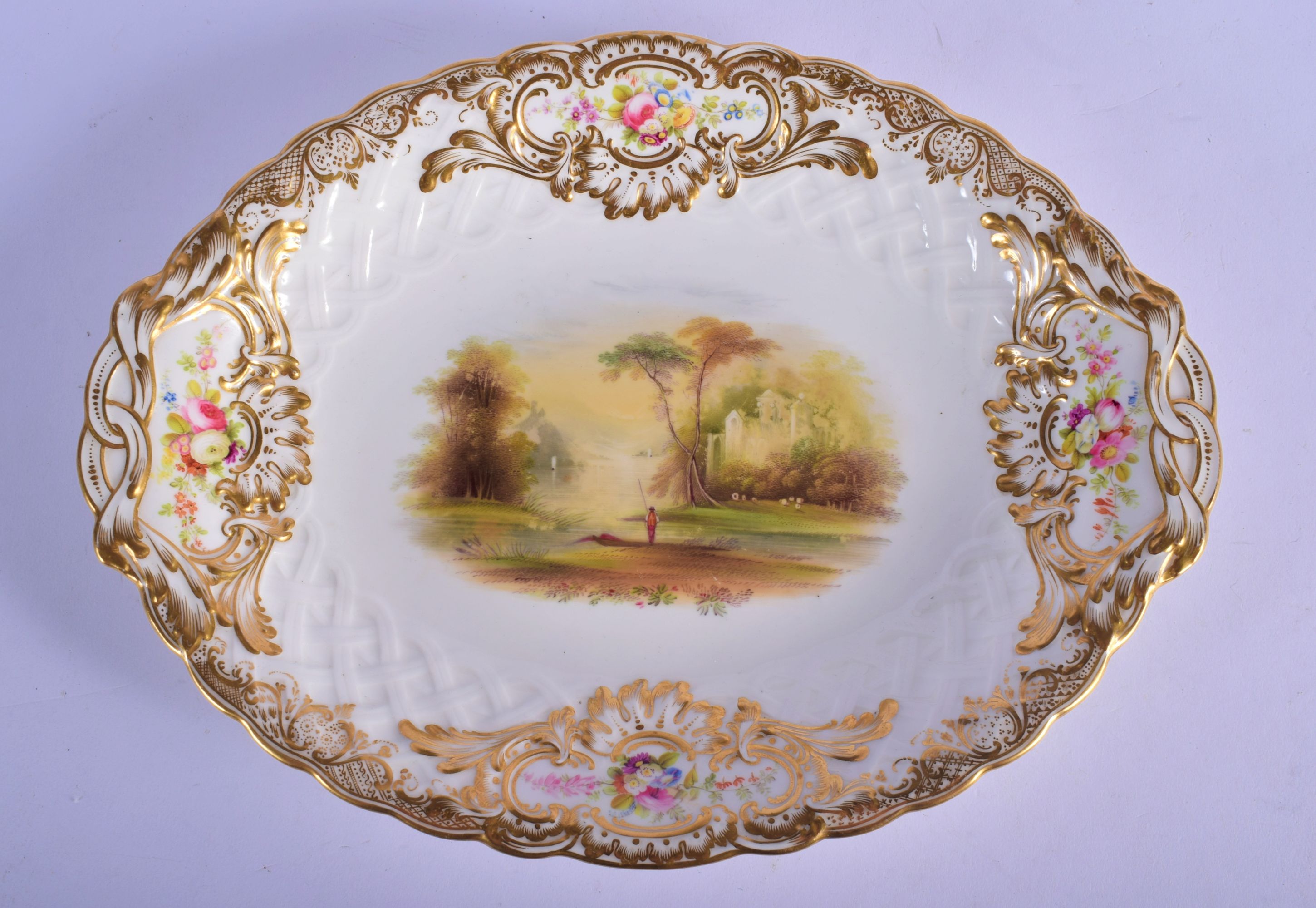 19th c. Minton Newcastle shaped dish painting attributed to John Beard with a fisherman near a lake