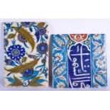 TWO TURKISH OTTOMAN IZNIK FAIENCE POTTERY TILES painted with floral sprays. Largest 24 cm x 14 cm. (