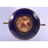 A ROYAL WORCESTER TWIN HANDLED FRUIT PAINTED PORCELAIN PEDESTAL DISH by Bagnall. 20.5 cm wide.