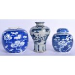 TWO LATE 19TH CENTURY CHINESE BLUE AND WHITE GINGER JARS together with a vase. Largest 14 cm high. (