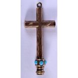 AN ANTIQUE GOLD AND TURQUOISE CRUCIFIX WATCH KEY PENDANT. 3.8cm x 1.6cm, weight 1.28g