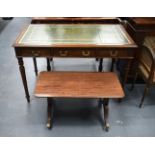 A REPRODUCTION LEATHER INSET DESK together with a sofa table. Largest 120 cm x 66 cm x 78 cm. (2)