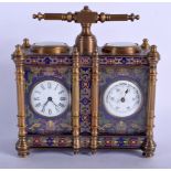 A CONTEMPORARY BRASS AND ENAMEL TWIN CLOCK decorated with foliage. 13 cm x 15 cm.