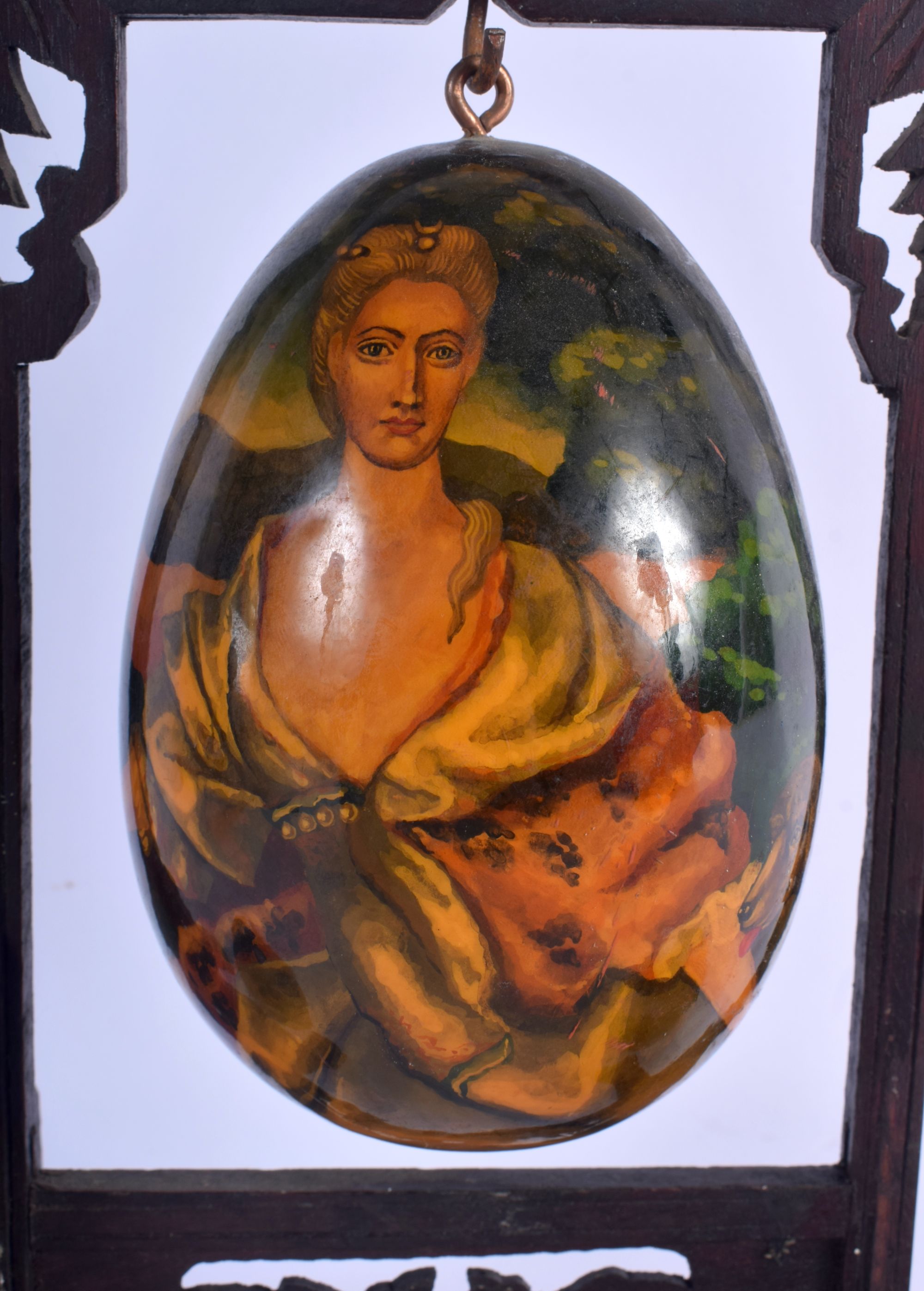 A RARE VINTAGE RUSSIAN EUROPEAN SUBJECT BLACK PAPIER MACHE EGG depicting a female and hound, togethe - Image 2 of 11