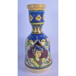A PERSIAN QAJAR POTTERY HOOKAH PIPE BASE painted with portraits. 29 cm high.