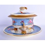 AN EARLY 19TH CENTURY ENGLISH PORCELAIN TUREEN AND COVER upon a stand, painted with flowers and bird