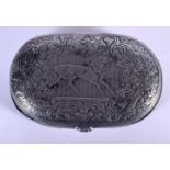 A CHARMING 19TH CENTURY PEWTER EQUESTRIAN SNUFF BOX decorated with foliage. 5.75 cm x 3 cm.