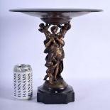 A LARGE 19TH CENTURY EUROPEAN BRONZE AND BLACK MARBLE PEDESTAL TAZZA modelled with a figure beside p