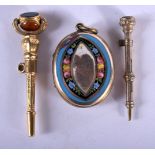 A WHITE METAL AND ENAMEL LOCKET TOGETHER WITH TWO FOB WATCH KEYS. Longest key 5.2cm, weight 21.1g t