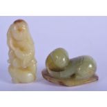 TWO 20TH CENTURY CHINESE CARVED GREEN JADE FIGURES . Largest 6cm high (2)