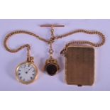 A RARE ART DECO 9CT GOLD CASE ON 9CT GOLD CHAIN with attached 18ct gold Waltham fob watch and attach