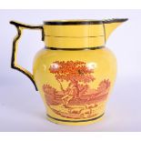 A RARE EARLY 19TH CENTURY CANARY YELLOW POTTERY JUG printed with red landscapes. 13 cm x 13 cm.