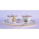 18th c. Sevres double preserve-stand and two covers (plateau a deux pots de confitures) painted wit