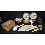 A miscellaneous group including a vintage needlework basket, a barometer, a Japanese carved bone pic