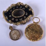 A GEORGE III MOURNING BROOCH and another two pendants. 26 grams overall. 5.25 cm x 4 cm. (3)