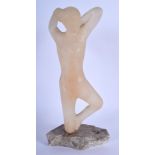 AN ART DECO CARVED STONE FIGURE OF A NUDE FEMALE upon a stone base. 24 cm high.