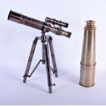 A CONTEMPORARY BRONZE TELESCOPE and a telescope on stand. Largest 82 cm long extended. (3)