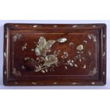 A 19TH CENTURY CHINESE CARVED HONGMU MOTHER OF PEARL INLAID TRAY decorated with insects. 30 cm x 18