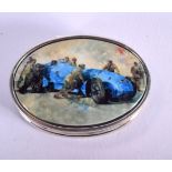 A STERLING SILVER AND ENAMEL PILL BOX DECORATED WITH A RACING CAR AND CREW ON THE TOP. 3.3cm x 3.7c