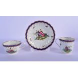 Worcester trio c.1785, comprising a coffee cup, teacup and saucer, the fluted forms painted perhaps