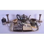 A LARGE SILVER PLATED TRAY together with a hip flask etc. (qty)