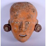 A VERY UNUSUAL 19TH CENTURY SOUTH AMERICAN MAYAN AZTEC MEXICAN MASK modelled with tribal earrings. 1