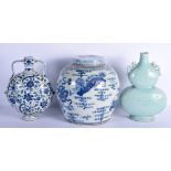 A LARGE CHINESE BLUE AND WHITE STONEWARE GINGER JAR AND COVER together with a Celadon flask etc. Lar