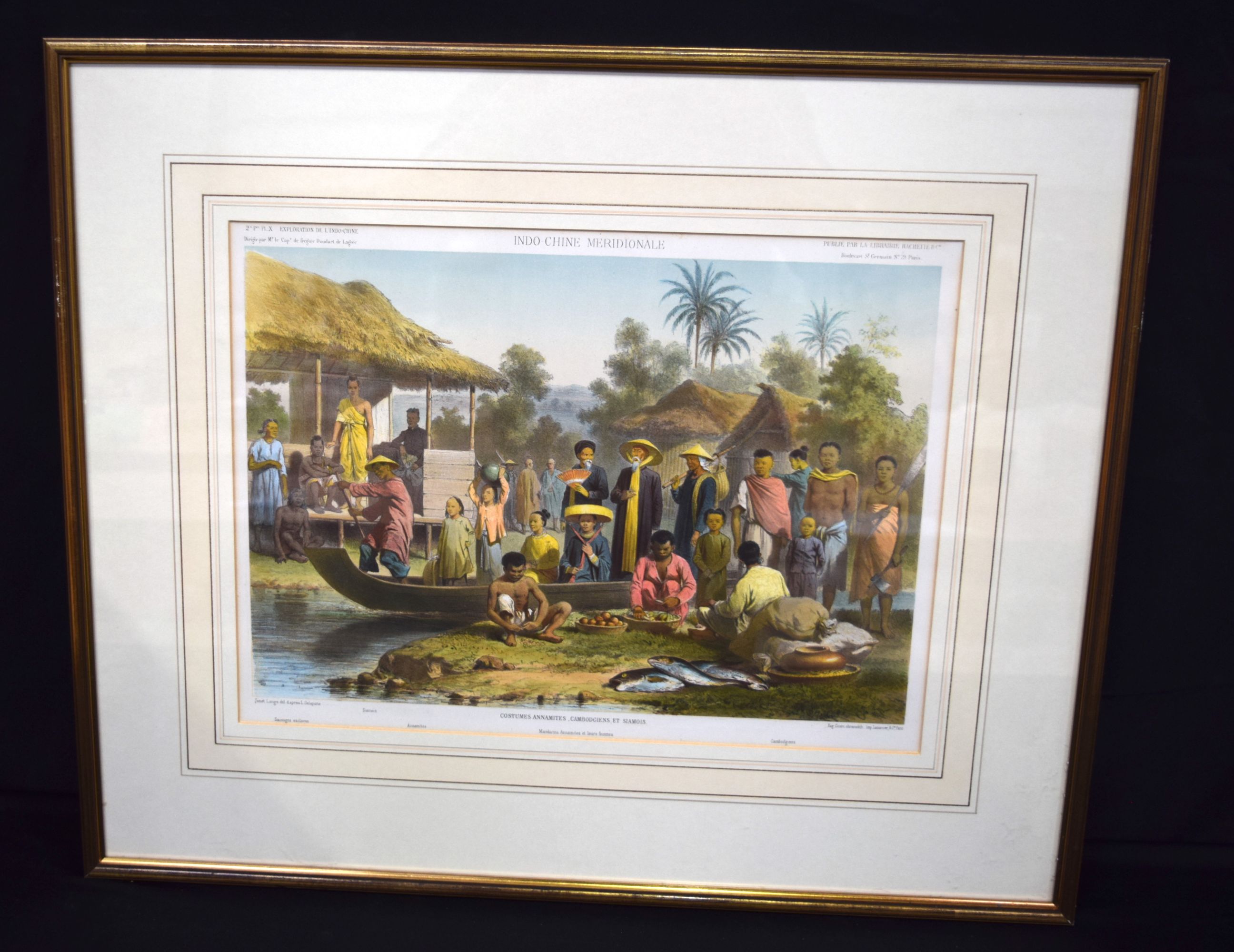 A framed antique lithographic print by L Delaporte of a South East Asian scene 31 x 43cm.