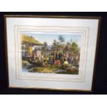 A framed antique lithographic print by L Delaporte of a South East Asian scene 31 x 43cm.