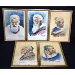 Marin Emile (1876- 1940) collection of framed Orientalist watercolour portraits 29 x 20cm (5)