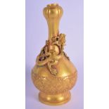 AN UNUSUAL CHINESE QING DYNASTY GARLIC NECK GILT BRONZE VASE overlaid with a dragon. 18 cm high.