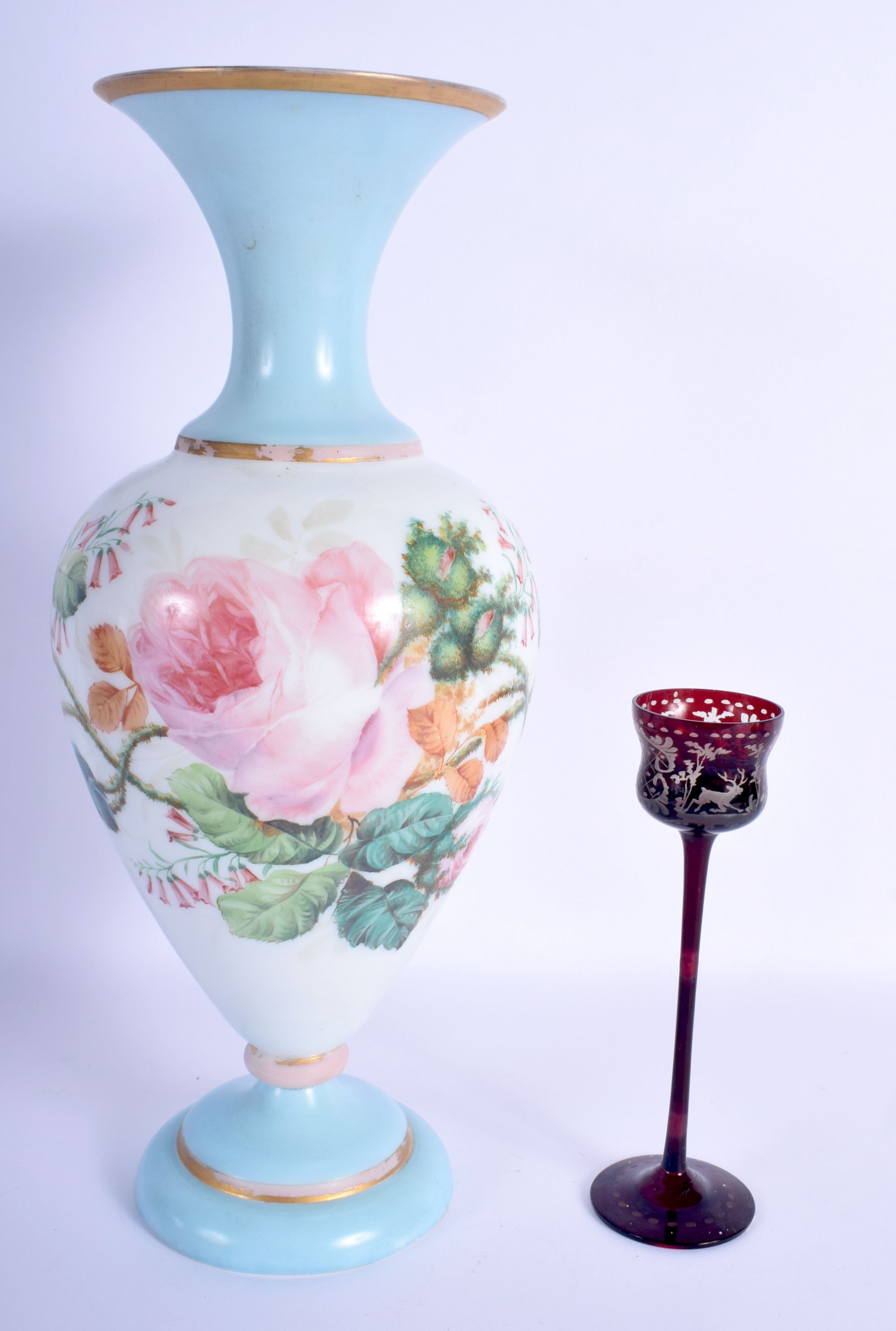 A LARGE EARLY 20TH CENTURY BOHEMIAN ENAMELLED OPALINE GLASS VASE and a small deer cup. Largest 33 cm - Image 2 of 3