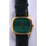 AN 18CT GOLD AND MALACHITE VAN CLEEF AND ARPELS WRISTWATCH. 28 grams. 3 cm x 2.75 cm.