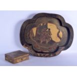 A VERY LARGE 19TH CENTURY JAPANESE MEIJI PERIOD BLACK LACQUERED TRAY together with a smaller box and