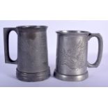 A NEAR PAIR OF EARLY 20TH CENTURY CHINESE PEWTER TANKARDS by Kuthing & Kwangheng, decorated with dra