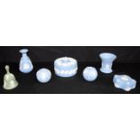 A collection of Wedgwood Jasperware; lidded pots, vases, bells, etc. 7 x 13cm (9)