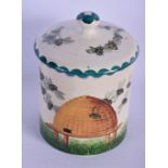 AN ANTIQUE WEYMSS WARE SCOTTISH HONEY JAR AND COVER painted with bees. 17 cm x 10 cm.