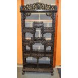 A 19TH CENTURY CHINESE CARVED HARDWOOD HONGMU DISPLAY CABINET Qing, decorated with foliage. 175 cm x