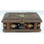 An unusual antique tramp art lidded box 13 x 32 x 16cm.