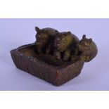 A JAPANESE BRONZE OKIMONO IN THE FORM OF THREE PIGS AT A TROUGH. 4.5cm x 2.5cm x 3cm, weight 89g