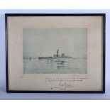 A FRAMED ANTIQUE ENGRAVING depicting a battle ship. 42 cm x 34 cm.