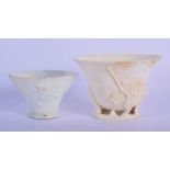 TWO 17TH/18TH CENTURY CHINESE BLANC DE CHINE PORCELAIN LIBATION CUPS Kangxi. Largest 9 cm x 7 cm. (2