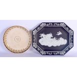 A RARE ANTIQUE WEDGWOOD BLACK BASALT CLASSICAL PORCELAIN DISH together with a Wedgwood creamware dis