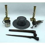 A large pewter inkwell, brass candle sticks, pewter cup, wooden Kris knife etc. 7 x 22 cm (6)