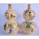A PAIR OF 19TH CENTURY JAPANESE MEIJI PERIOD SATSUMA DOUBLE GOURD VASES painted with figures and lan