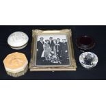 A Mother of Pearl lidded pot, together with a wooden clothes brush, a photograph frame & a wooden st