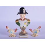 A PAIR OF 19TH CENTURY FRENCH SAMSONS OF PARIS PORCELAIN BIRDS together with a bust of Nelson. 12.5