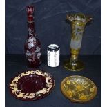 A bohemian glass dish & bottle and a small French glass dish together with an engraved vase. 27cm (4